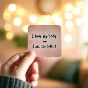 Body image and mental health: Hand holding a note with positive affirmations about body image. 