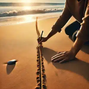 A person drawing a line in the sand on a beach, symbolizing setting boundaries for better mental health. Image generated with AI.