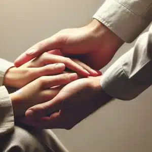 Hands offering support and comfort, symbolizing empathy and understanding in mental health discussions. Image generated with AI.