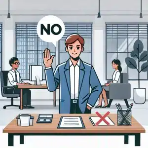 A person confidently saying no to extra tasks in a professional setting, highlighting workplace boundaries. Image generated with AI. 