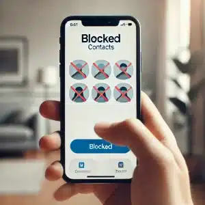 A phone screen showing blocked contacts, symbolizing setting boundaries on social media and personal space. Image generated with AI.